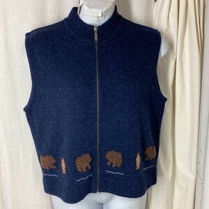 WOOLRICH XL Sweater Vest Zipper Front Bear Fish Detail LAMBSWOOL Dark Blue Miss